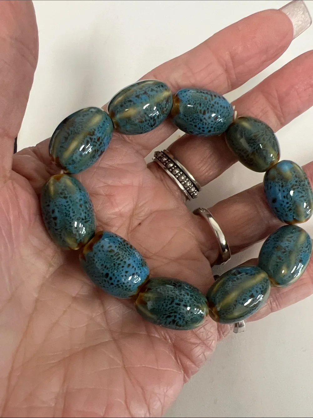 Blue-Green Ceramic Bead Stretch Bracelet